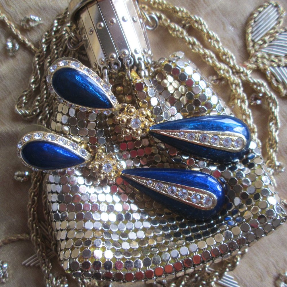 VINTAGE STAR BRIGHT - ROYAL and CRYSTAL TEARDROP EARRINGS - NWOT